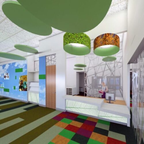 Pediatric reception interior concept with colourful carpet tiles, sky mural wall graphics, green circular ceiling baffles, patterned glass partitions, and modern front desk design.