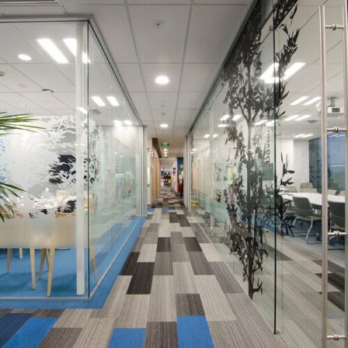 Modern office corridor with glass meeting rooms, frosted botanical privacy decals, blue and grey carpet tiles, ceiling lights, and transparent workspace partitions.