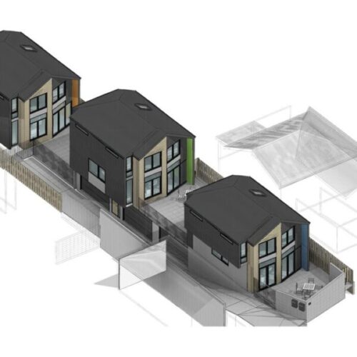 3D architectural rendering of three modern townhouses with black roofs, vertical timber accents, private patios, fencing, and detailed residential development site layout.
